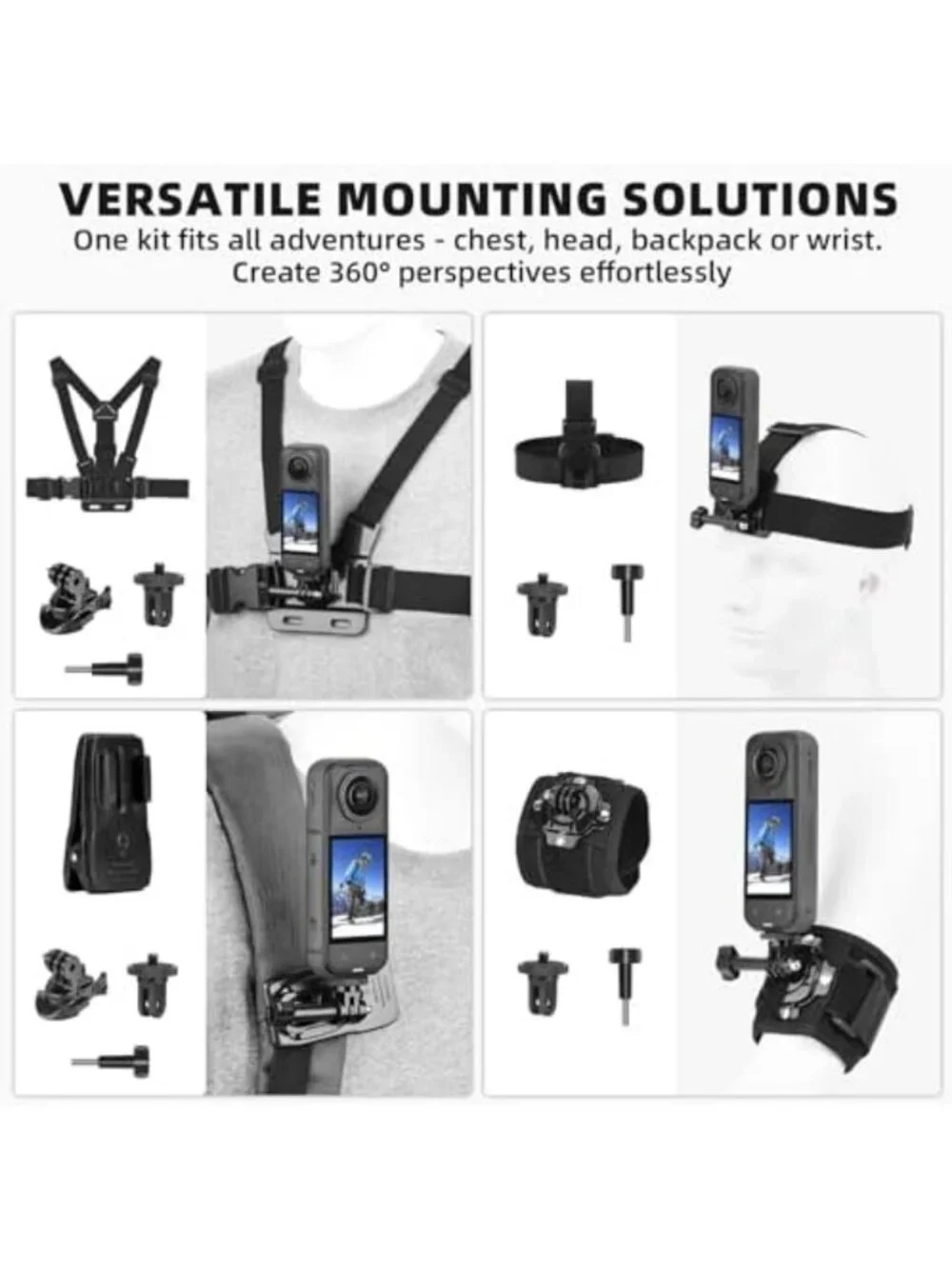 360° Rotating Accessory Kit for Insta 360 Cameras - Chest Mount, Head Strap